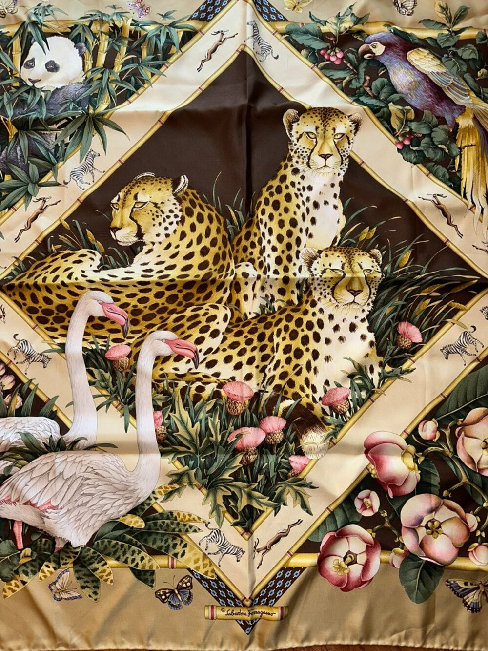 NEW Salvatore Ferragamo Silk Scarf Jungle Animal Tropical Print 35" Square ITALY - Picture 2 of 3